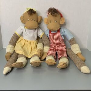 Handmade Vintage 20” Boy & Girl Sock Monkeys hand stitching